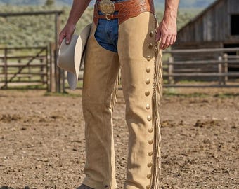 Handmade Tooled Suede Rodeo Chaps | Cowgirl Carved Western Horse-Show Pants | Cowboy Shotgun Festival Outfit