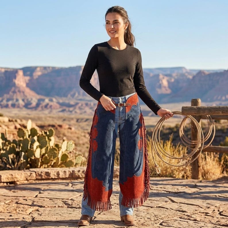 May include: A long-sleeved black shirt worn with blue denim jeans and suede chaps. The chaps feature a dark blue center panel with rust-colored leather trim along the edges and long fringe detailing. A coiled rope is held in one hand.