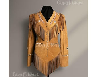Kurtka damska zamszowa z frędzlami w stylu western | Płaszcz skórzany z koralikami w stylu rdzennych mieszkańców | Strój boho kowbojki na festiwal plemienny