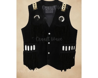 May include: A black vest featuring long black fringe detailing on the chest and lower pockets. The garment includes gold-toned decorative accents on the shoulders and circular embellishments on the chest, with white rectangular inlays on the pockets.