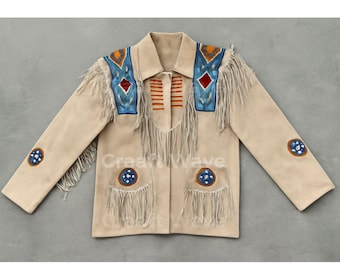 Veste à franges en daim des années 1980 d'inspiration autochtone | Manteau western perlé | Tenue de rodéo tribal bohème vintage