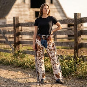 Cowhide Leather Fringe Chaps | Hand-Tooled Hair-on-Hide Western Rodeo Pants | Floral Carved Horse Show Outfit image 2