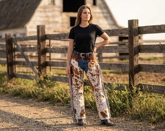 Cowhide Leather Fringe Chaps | Hand-Tooled Hair-on-Hide Western Rodeo Pants | Floral Carved Horse Show Outfit