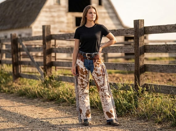Cowhide Leather Fringe Chaps | Hand-Tooled Hair-on-Hide Western Rodeo Pants | Floral Carved Horse Show Outfit