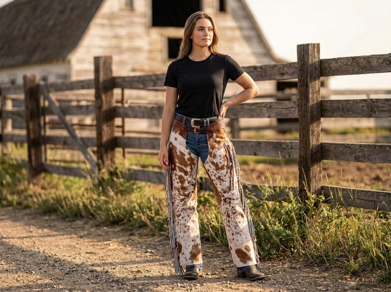 Cowhide Leather Fringe Chaps | Hand-Tooled Hair-on-Hide Western Rodeo Pants | Floral Carved Horse Show Outfit image 2