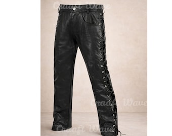 Pantalon lacé sur le côté en cuir fait main pour homme | Jambières d'équitation pour motard | Tenue de festival bohème vintage western