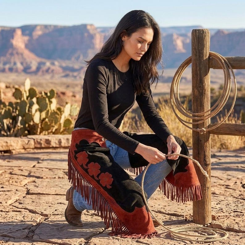 May include: Black long-sleeve shirt worn with blue jeans and suede chaps. The chaps feature a black and rust-colored design with a floral pattern and long fringe along the sides. The garment is worn over denim pants in an outdoor desert setting.