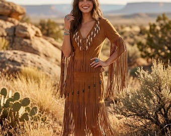 Women Fringe Suede Western Dress | Tribal Beaded Powwow-Regalia Maxi | Native-Inspired Cowgirl Festival Outfit