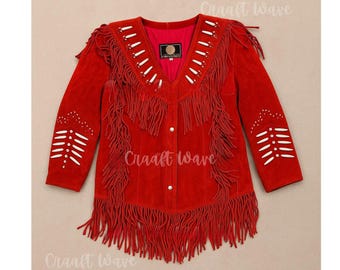 Veste à franges en daim pour femme faite main | Manteau perlé western cowgirl | Tenue de festival tribal bohème d'inspiration autochtone