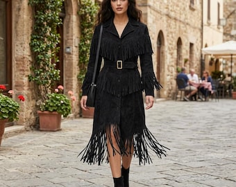 Maxi ceinture style western en daim noir à franges femme | Robe moulante bohème faite main | Plumeau long cow-girl