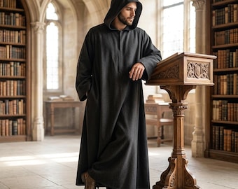 Cape gothique noire à capuche faite main | Robe de moine médiévale de style équitable | Déguisement de prêtre cosplay d'Halloween