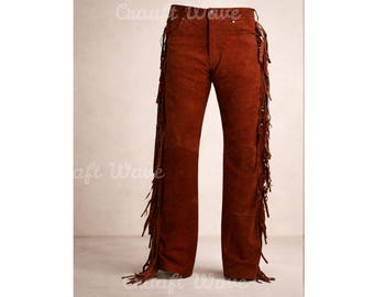 Pantalon western en daim marron clair homme | Pantalon cowboy à franges | Tenue vintage bohème d'inspiration autochtone pour le festival de rodéo
