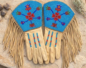 Gants faits main en suède occidental avec perles florales | Gantelet de tenue de ville à franges indigènes | Accessoires de festival tribal des cow-boys