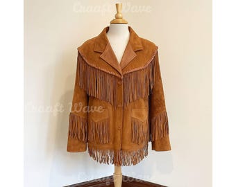 Handmade Tan Suede Leather Fringe Jacket | Western Cowgirl Boho Coat | Native-Inspired Festival Rodeo Outfit