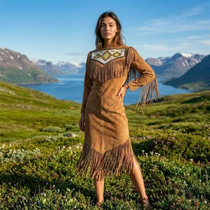 May include: A brown suede dress with long sleeves and fringe detailing. The dress features a decorative beaded yoke with geometric patterns in white, yellow, and green. The dress is knee-length with a side slit.