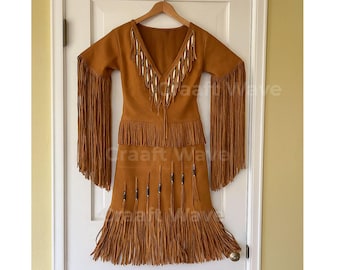 Robe western en daim à franges pour femme | Maxi tenue de cérémonie tribale perlée | Tenue de festival de cow-girls d'inspiration autochtone