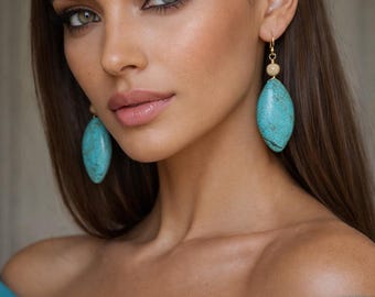Blue Stone Earrings Howlite Beaded Statement Jewelry Gift for Women Tribal Boho Dangle Earrings Handmade