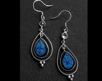 Sterling Silver Dangle Earrings Blue Druzy Stone Teardrop Boho Sparkle Jewelry Gift for Her