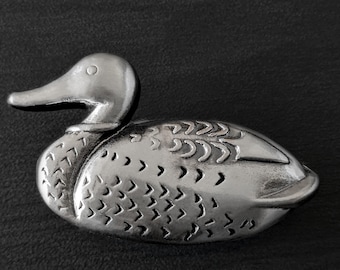 Vintage Duck Belt Buckle Silver Tone Mallard Waterfowl Animal Gift for Bird Watchers Handmade 1980s Collectible