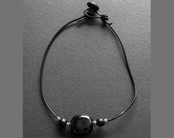 Mens Beaded Choker Necklace Black Wood Leather Surfer Gift Handmade Tribal Boho Ceramic Minimalist Statement Jewelry