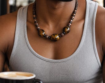 Mens Beaded Necklace Tribal Necklace Men Handmade Ceramic Wood Leather Cord Statement Jewelry Gift for Him Boho Ethnic Style 18 Inch