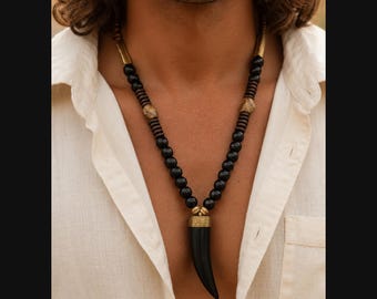 Tribal Horn Necklace for Men, Handmade Yak Horn Pendant with Wood & Jasper Beads, Nomadic Statement Jewelry Gift, Free US Shipping