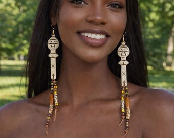 African Akuaba Fertility Doll Earrings Tribal Boho Statement Gift