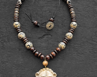 Lion Head Jasper Beaded Necklace | African Tribal Statement Jewelry for Men Boho Ethnic Gift Handmade