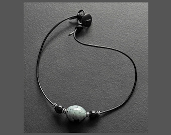 Mens Beaded Choker Necklace Leather Surfer Necklace Handmade Tribal Boho Gift for Him Minimalist Ceramic Bead Jewelry