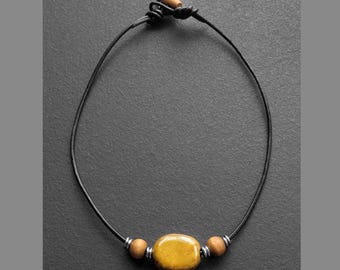 Mens Beaded Choker Necklace Black Wood Leather Surfer Gift Handmade Tribal Boho Ceramic Minimalist Statement Jewelry