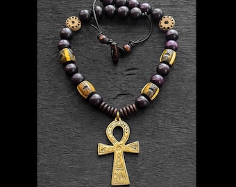 Large Brass Ankh Necklace for Men | Egyptian Beaded Statement Jewelry