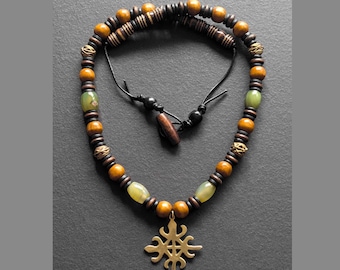 African Beaded Necklace Brass Adinkra Pendant Handmade Gift for Him Tribal Statement Jewelry Wood Agate Leather