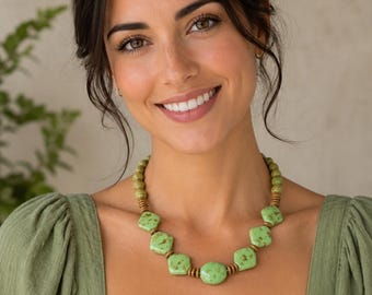 Beaded Necklace Green Wood Ceramic Gift for Her Handmade Tribal Boho Leather Cord Statement Jewelry