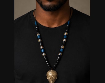 African Mask Necklace Handmade Brass Pendant for Men Tribal Beaded Statement Jewelry Gift with Ghanaian Krobo Glass Beads