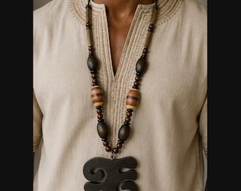 Adinkra Wood Necklace Kwatakye Atiko Symbol Pendant  Handmade African Tribal Statement Jewelry  Beaded Unisex Gift 36 Inch