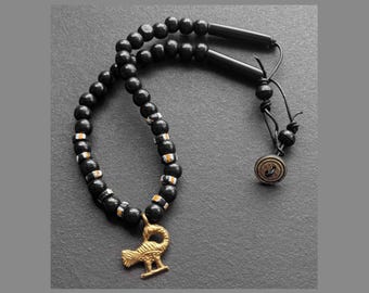 African Sankofa Necklace Brass Adinkra Pendant Handmade Gift for Him Beaded Statement Jewelry Wood Horn Leather