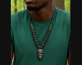 African Mask Necklace for Men, Handmade Tribal Beaded Necklace with Brass Pendant, African Statement Jewelry, Ethnic Gift