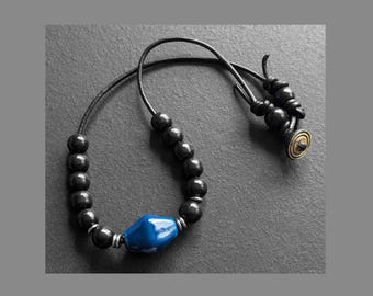 Mens Beaded Choker Necklace Black Wood Leather Surfer Gift Handmade Tribal Boho Ceramic Blue Statement Jewelry