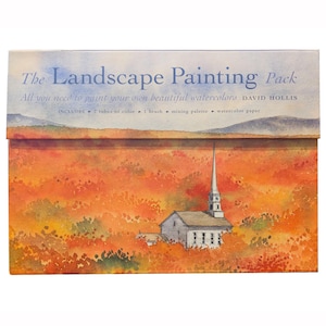 May include: A watercolor painting pack with the title "The Landscape Painting Pack" and the author's name, David Hollis. The box art features a watercolor painting of a white church with a steeple surrounded by orange and yellow foliage. The pack includes tubes of color, a brush, a mixing palette, and watercolor paper.