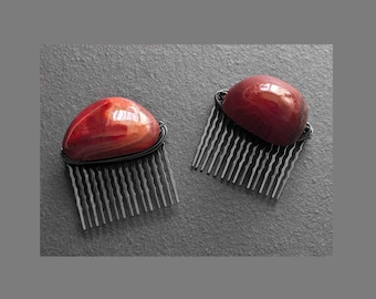 Agate Stone Hair Comb Set, Handmade Wire Wrapped Boho Hair Accessory, Statement Hair Jewelry Gift for Women, 2 Piece Set