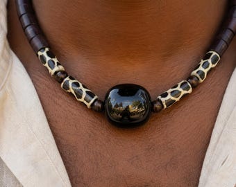 African Necklace for Men Beaded Tribal Choker Handmade Bone Bead & Ceramic Pendant Cultural Statement Jewelry Gift for Him Adjustable