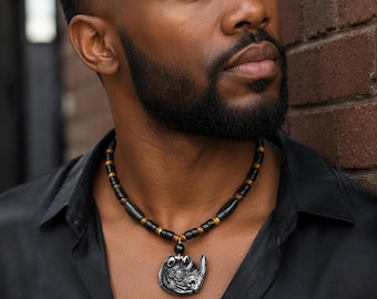 Rhino Head Necklace African Rhino Necklace Mens Tribal Beaded Pendant Black Agate Safari Jewelry Gift for Him Handmade