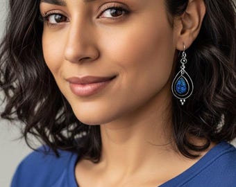 Sterling Silver Dangle Earrings Blue Druzy Stone Teardrop Boho Sparkle Jewelry Gift for Her