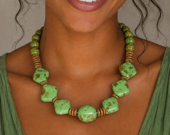 Green Statement Necklace Chunky Beaded Wood Ceramic Boho Jewelry Gift for Her