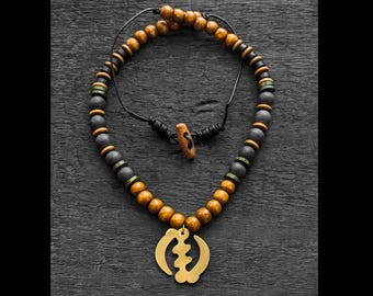 Mens Tribal African Necklace | Adinkra Pendant Beaded Necklace for Men Boho Ethnic Brass Wood Onyx Statement Jewelry