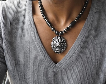 Lion Head Necklace Mens Lion Pendant Necklace African Beaded Necklace Tribal Jewelry for Him Handmade Black Agate Wood Necklace