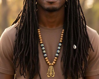 Mens African Necklace Aya Adinkra Pendant Wood Bead Jewelry Brass Statement Gift for Him