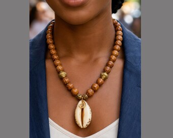 Cowry Shell Necklace African Wood Beaded Pendant Gift for Her Boho Coastal Statement Jewelry Handmade