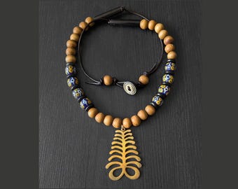 Adinkra Necklace for Men, Handmade African Beaded Necklace with Brass Aya Pendant, Ghana Wood Bead Statement Jewelry, Meaningful Gift
