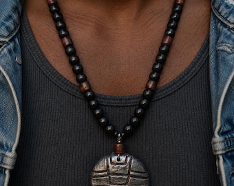 Olmec Head Necklace Handmade Clay Pendant for Men Tribal Beaded Statement Jewelry Artisan Gift Mesoamerican Style Black Wood Beads